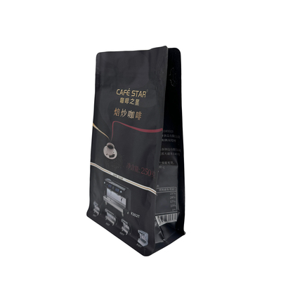 kopen Luxe zwarte aluminiumfolie bekleed 250g 8 zijkant verzegeld platte doos onderaf koffiezakken met klep en rip rits online manufacture
