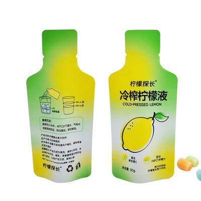 kopen Op maat gedrukte geurbestendige fles in de vorm van een opstaande zak zak met een met folie beklede traankorf voor verpakking van citroensapdranken online manufacture