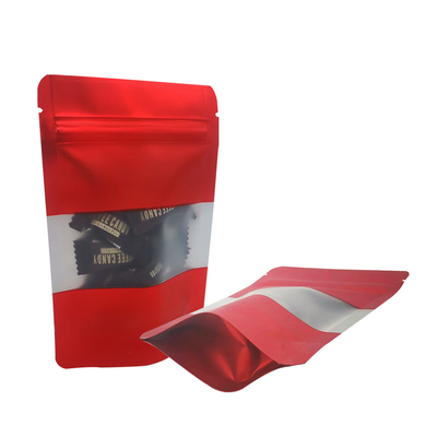 kopen Gepassioneerd rood mat metalen folie rugleuning Stand Up herbruikbare snacktassen met rits en raam voor feestzaken online manufacture