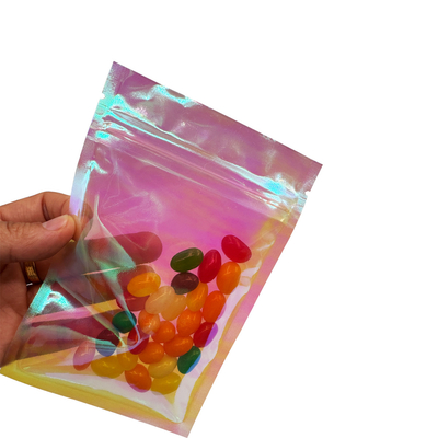 kopen Op maat gemaakte roze regenboogkleurige holografische platte ritszak 3 zijden verzegelde zakken voor het verpakken van voedsel, accessoires, cosmetica online manufacture