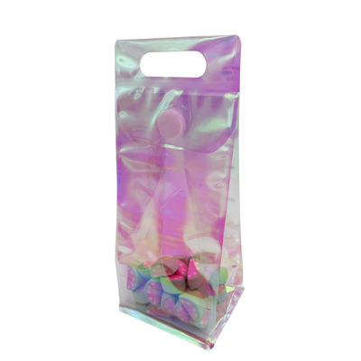 kopen Custom Holographic Pouch Roze Regenboog Duidelijke Flat Bottom Stand Up Bags met hervergrendelbare kleverige knop voor snoep accessoire online manufacture