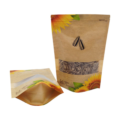 kopen Waterdicht hervergrendelbaar Ziplock Kraft Stand Up Pockets met raam voor zonnebloempitten Voedselverpakking online manufacture