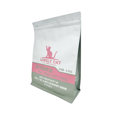 2500 g Custom Matte Wit 8 zijden Afdichting AL Folie Gecoate Vierkante Doos Onderste Huisdiervoedsel Verpakkingszakken met gemakkelijk open rits