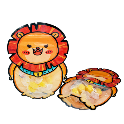 Custom Cute Lion Shape Die Cutting Stand Up Plastic Zipper Bag met Clear Window voor kinderen Snack, Food, Candy Packaging