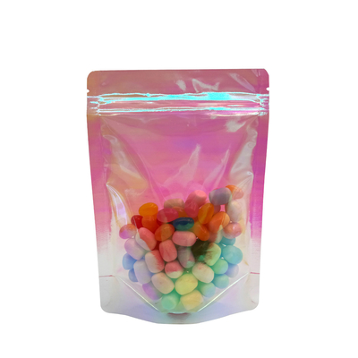 Persoonlijke regenboog holografische roze stand-up tassen met hervergrendelbare rits voor het verpakken van voedsel, snoep, accessoires,