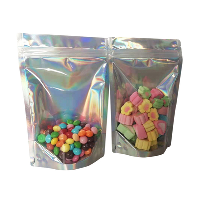 Warmteverzegelbaar Zipper Lock Stand Up Pouch Bags Holographic met Gusset Bottom Clear Front voor Food Storage Pack