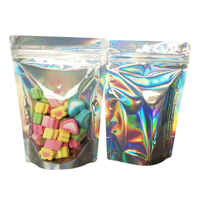 Hervergrendelbare aluminiumfolie Doorzichtige voorzijde 4x6 Holografische opstaande Mylar-zakken voor sieraden Make-up Lipgloss Verpakking opslag